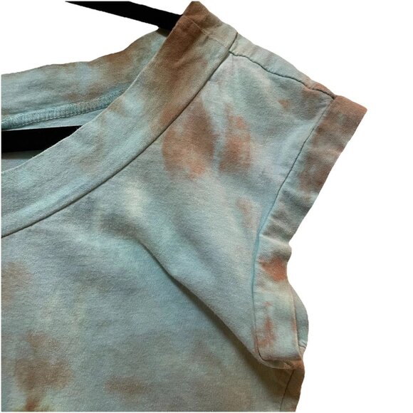 VTG JOHNNY WAS Turquoise and Brown Tie Dyed Cropped Raw Hem Tshirt Sz S - Picture 5 of 7